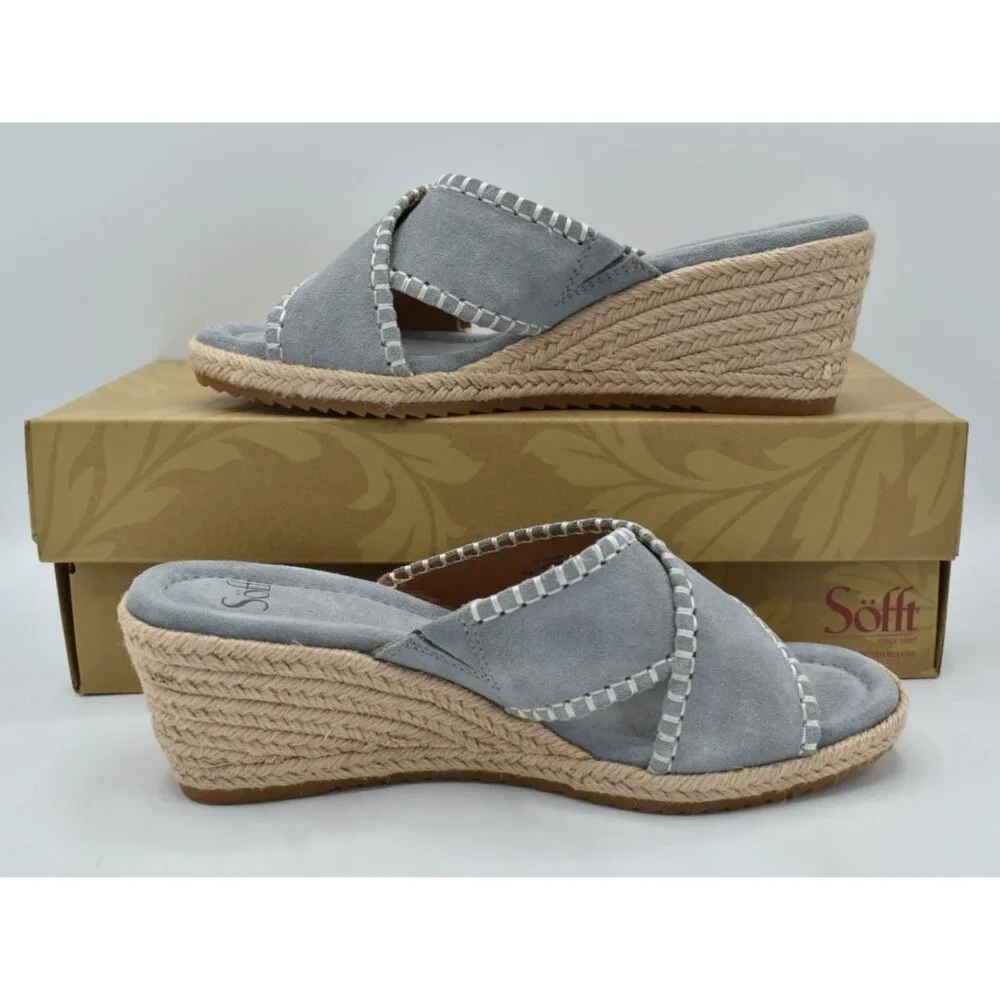 Sofft Women Size 8.5 Indie Blue Chambray Espadrille Wedge Open Toe Sandals Shoes